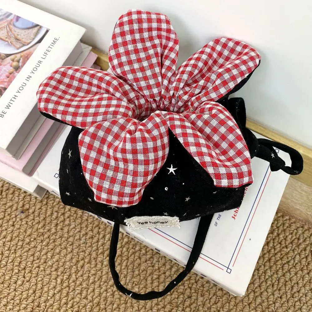 

Bundle Pocket Flower Drawstring Crossbody Bag Korean Style Cute Canvas Shoulder Bag Plaid Portable Sparkly Star Flower Bag