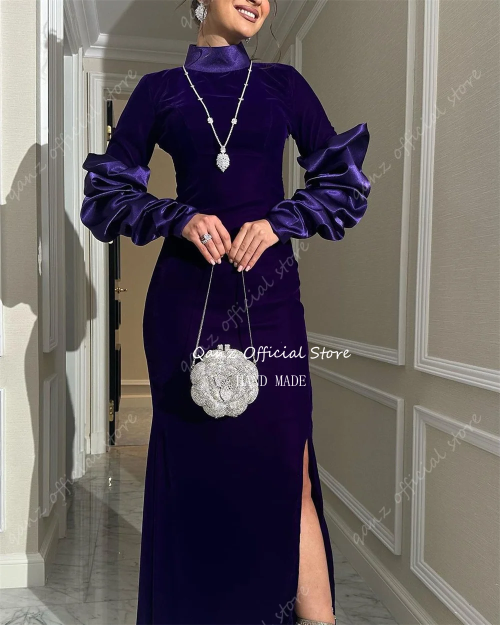 Qanz Saudi Arabia Evening Dresses Customized Velour Long Sleeves Dubai Prom Dress Mermaid Slit Floor Length Special Occassion