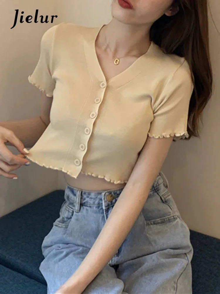 Jielur 뜨개질 v 넥 퓨어 컬러 셔츠 간단한 반팔 캐주얼 오피스 레이디 싱글 브레스트 퍼플 화이트 기본 여성 셔츠