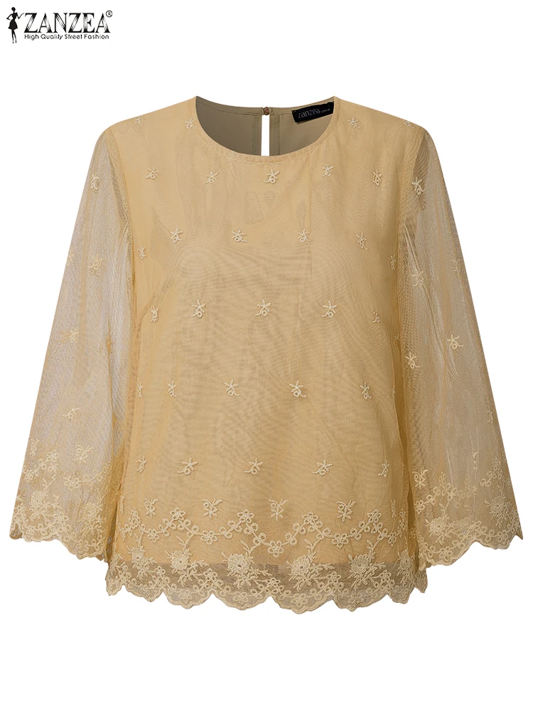 2025 ZANZEA 秋ブラウス女性エレガントな視点メッシュパッチワークチュニックトップス 3/4 スリーブカジュアルプリントシャツルーズ Blusas ファム