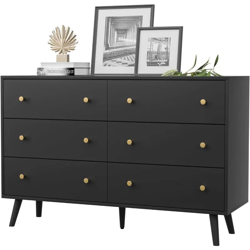 

Dresser for Bedroom, Modern Black Dresser with 6 Drawers, Wide Chest of Drawers with Gold Handles