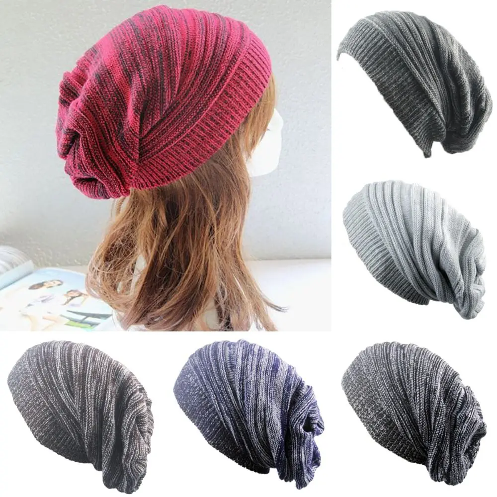 New Warm Winter Knitted Hat Baggy Striped Beanie Hat Unisex Crochet Wool Cap Hip-hop