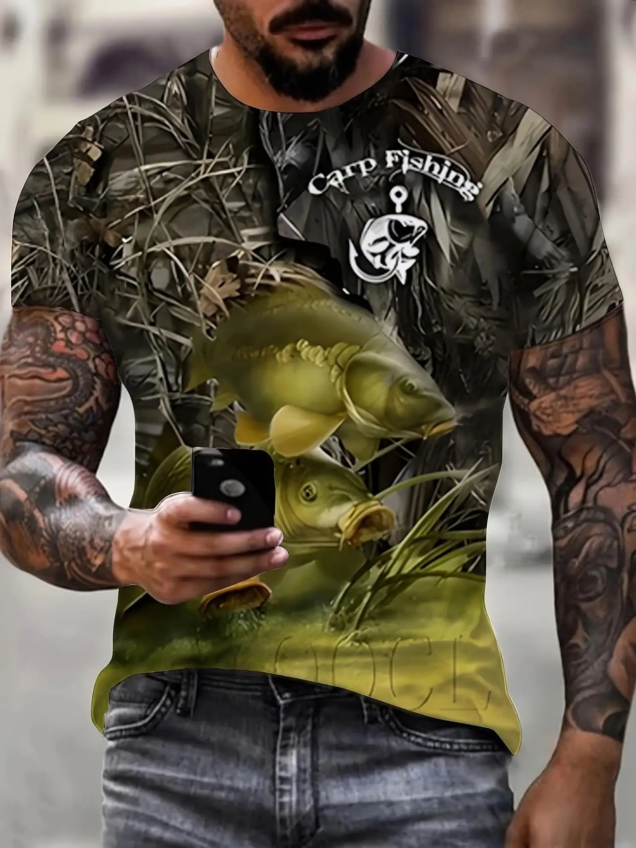 Men's Carp Fish Scale Love Fishing Print Quick Dry Lightweight Short Sleeve Crew Neck T-shirt Outdoor Sports Casual Top