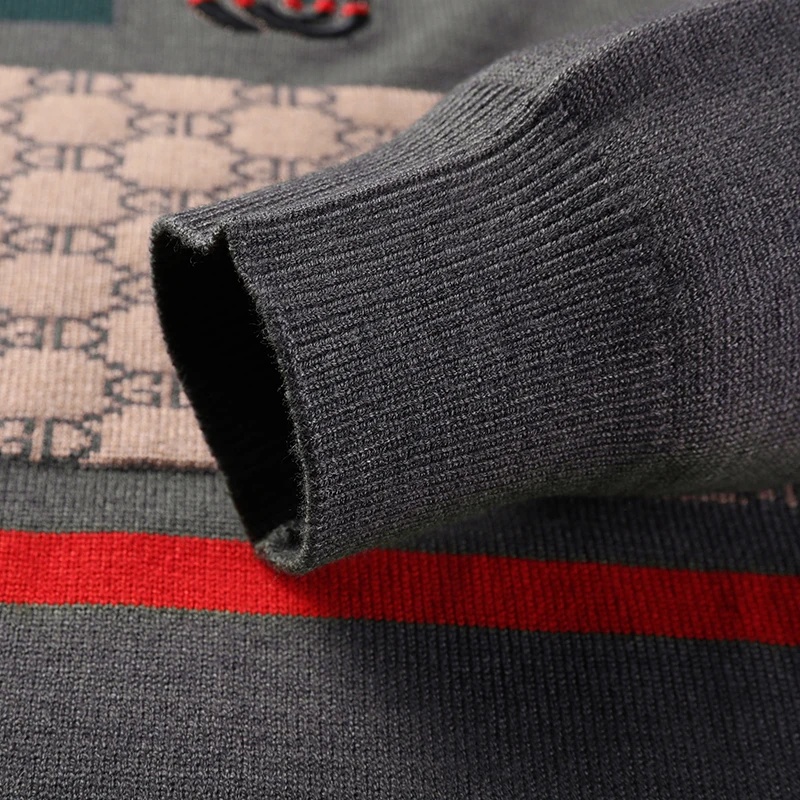 جودة فاخرة الرجال محبوك سترة مخطط رسالة التطريز شبه عالية الرقبة قاعدة قميص الخريف تنوعا الاتجاه غير رسمي الملابس الرجالية #3