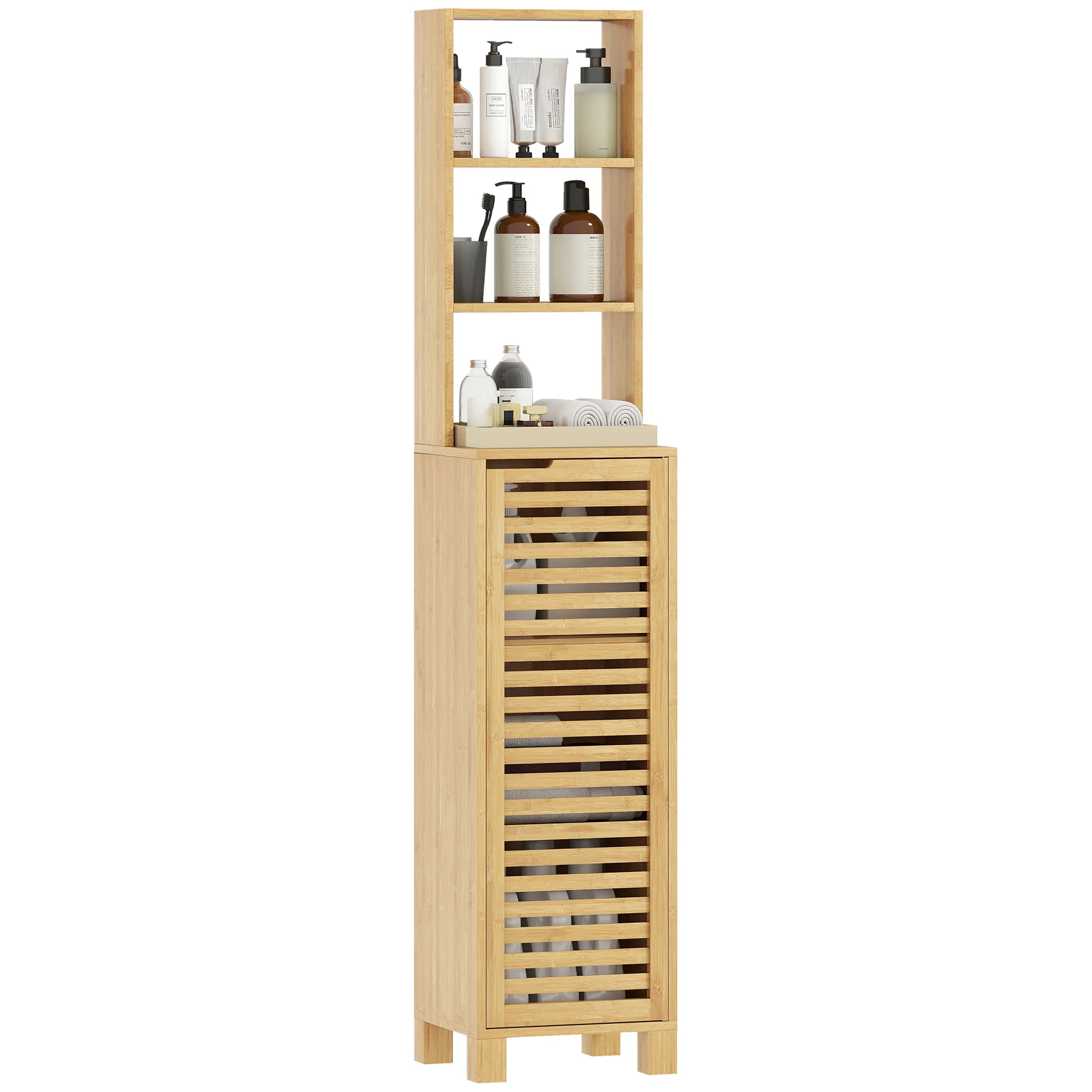 HOMCOM Armario de Baño Alto de Bambú Estrecha con 3 Estantes Abiertos Puerta de Lamas Baldas Ajustables  Natural