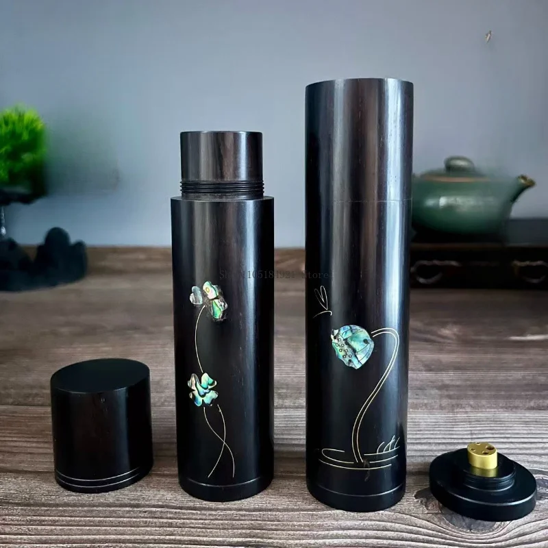 Solid Wood Stick Incense Tube Inlaid Engraving Cylinder Storage Tube Zen Tea Ceremony Household Desktop Aroma Craft Ornament