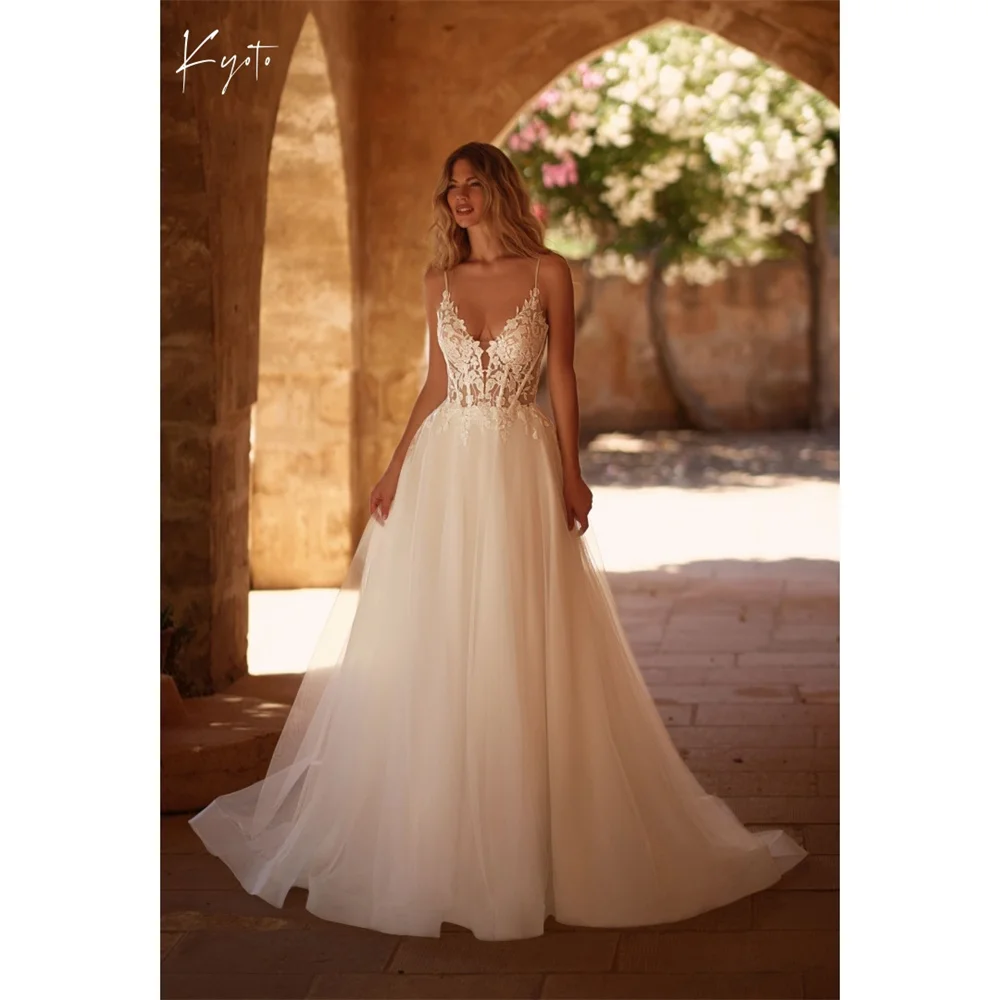 Kyoto personnalisé blanc Spaghetti sangle robe de mariée dos nu sans manches vestidos de noiva a-ligne Court Train robes de soirée