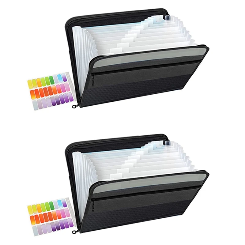 

2X 13 Pockets Expanding File Folder A4 Plastic Document Wallet Organizer For Personal Office Stationary Storage(Black)