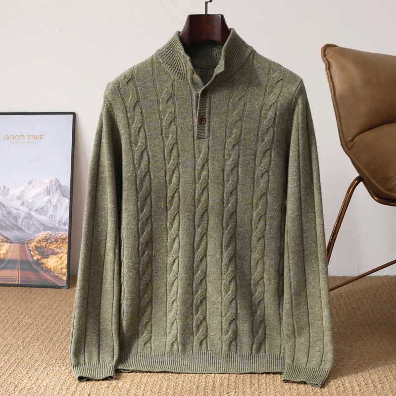 DjzDsm Otoño Invierno suéter para hombre jersey con cuello simulado 100% prendas de punto de lana merina botón medio abierto flor retorcida nuevas camisetas de moda
