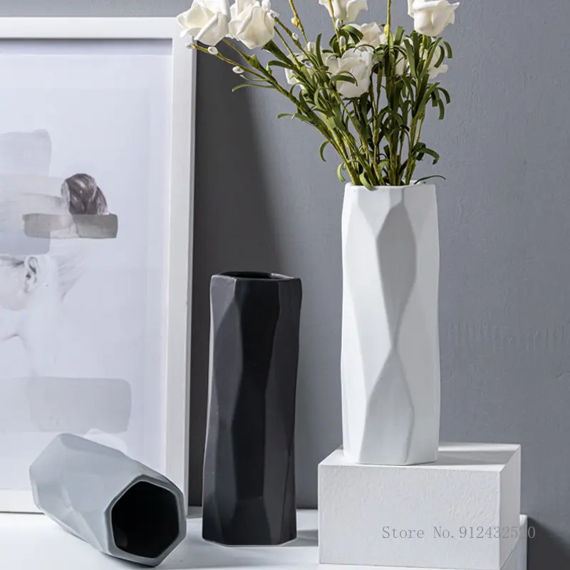 Modern Simple Ceramic Vase Home Table Decor Living Room Decor Flowers Water Flower Arrangement Black, White, Gray Geometric Vase