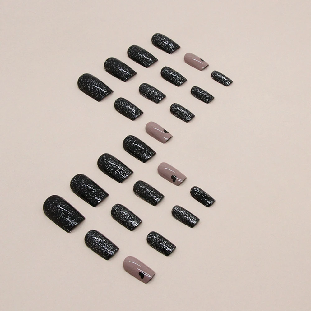 96PCS/4Set Medium Square Press On Nails Rose Red Press On Nails Love Design Nails Black Press On Nails Fingertip French Trim Pre