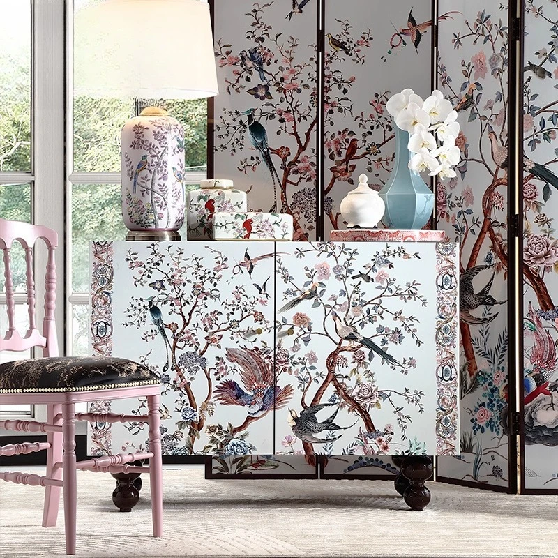

Flower and bird entrance cabinet Chinese style locker Solid wood French retro storage cabinet Living room French medieval