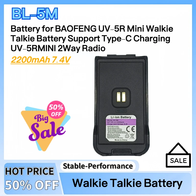 

New 2200mAh 7.4V Li-ion BL-5M Battery for BAOFENG UV-5R Mini Walkie Talkie Battery Support Type-C Charging UV-5RMINI 2Way Radio