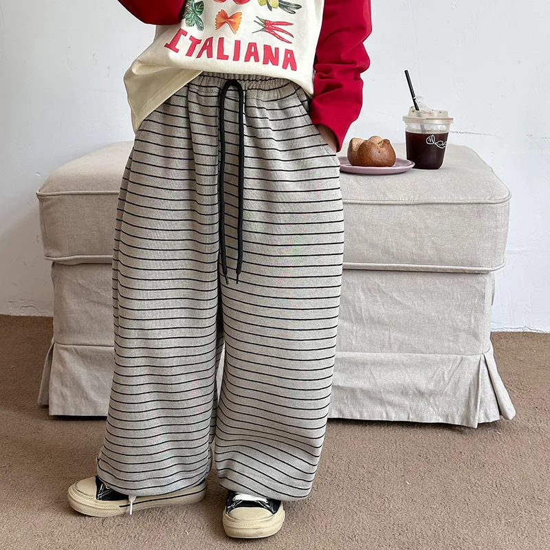 Girl Pants Autumn New 2024 Striped Motion Loose Wide Legs Sweatpants Casual Simple Fashion Sweet Korean Active Vintage Cute Soft