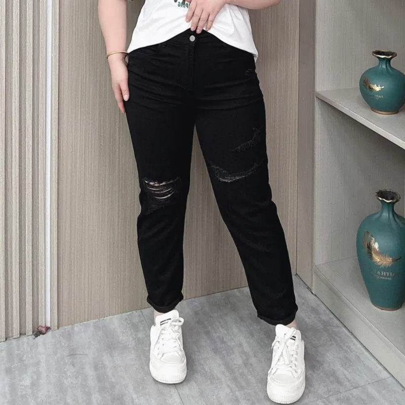 Black Ripped Jeans Female Spring And Summer Thin Plus Size Women Slim Casual Holes Harem Pants