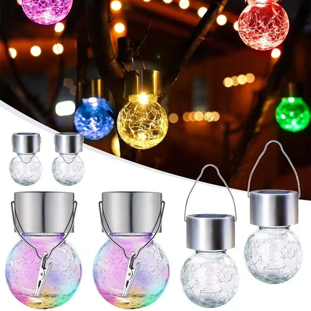 LED Solar Light Cracked Glass Ball Outdoor Waterproof Hanging Garden Lights with Clip Roadside Light Yard Patio Decor