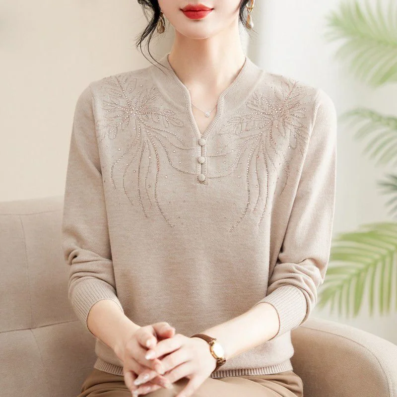 

Новый осенний стильный вязаный женский модный однотонный свитер, темпераментный топ с длинными рукавами