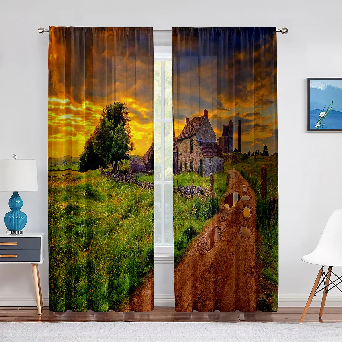 

Countryside Farmhouse Grass Tree Sunset Sheer Curtains for Living Room Bedroom Decoration Window Voiles Kitchen Tulle Curtain