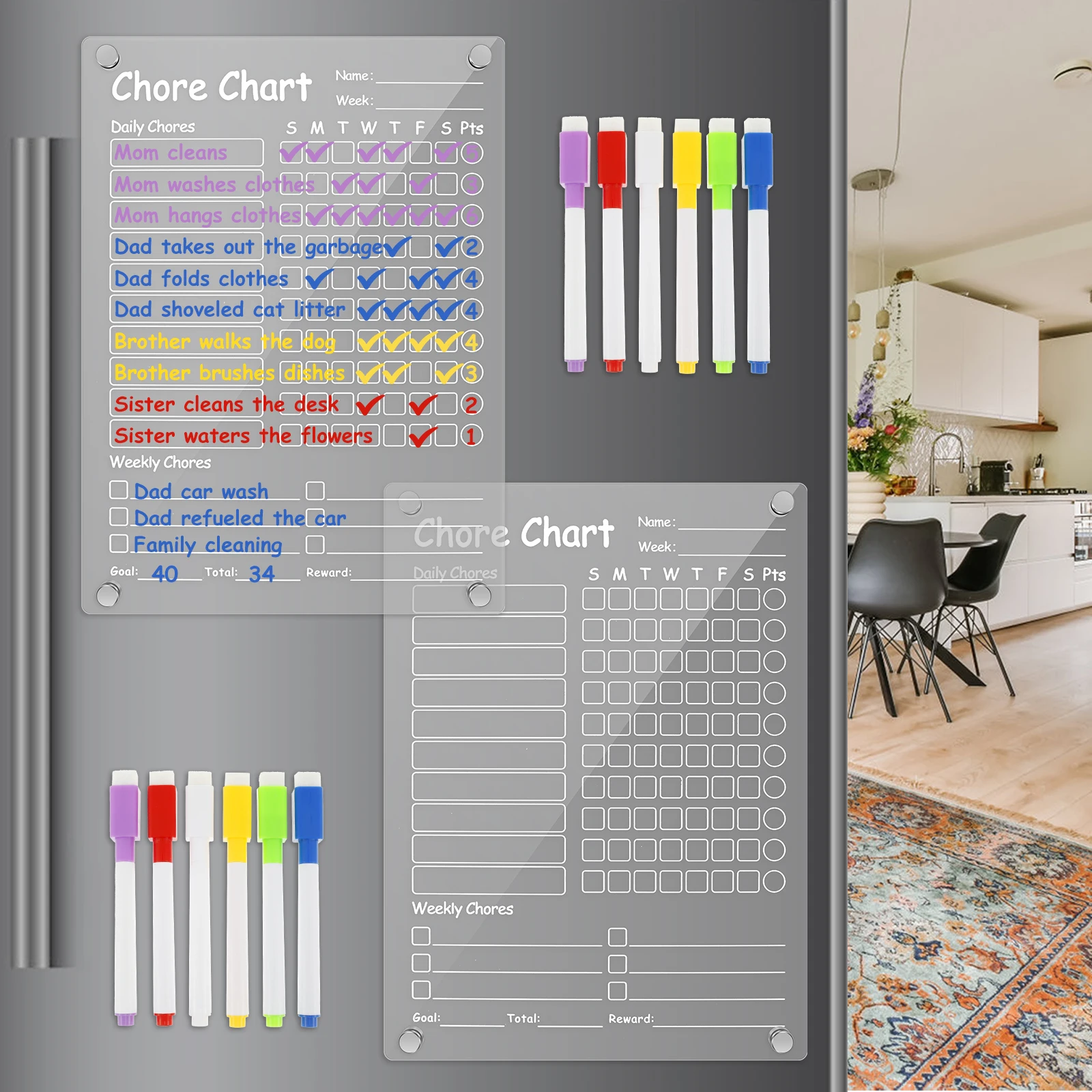 1Pc/2Pcs Magnetic Chore Chart for Kids Transparent Acrylic Fridge Family Chore Chart Magnetic Weekly Chore Chart with 6 Markers