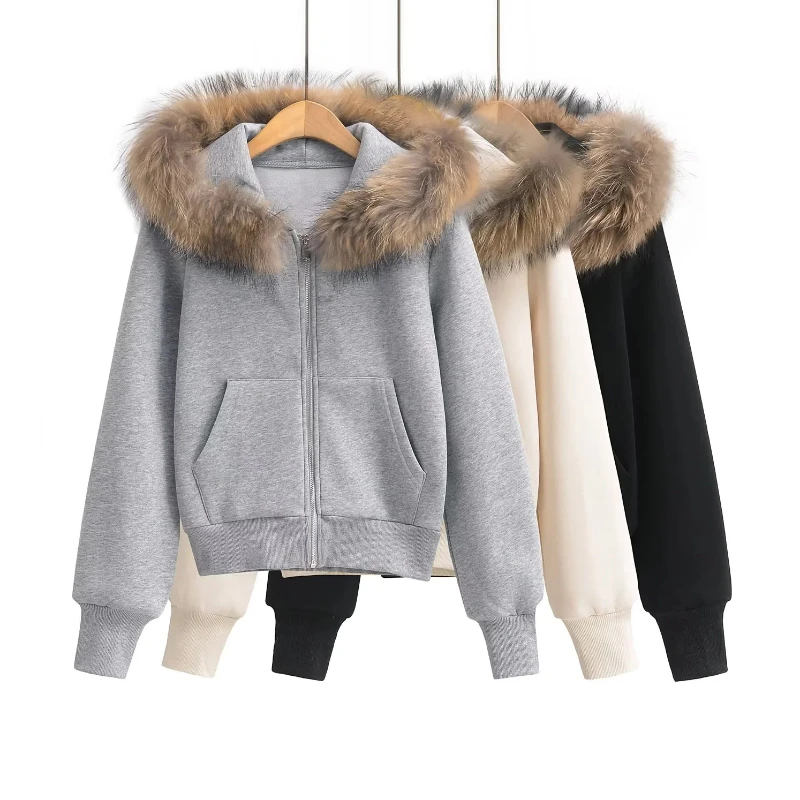 Autumn/Winter Hair Collar Hooded Zipper Sweatshirt Spice Girls New American Short Padded Long Sleeve Fashion Casual Lady Jacket