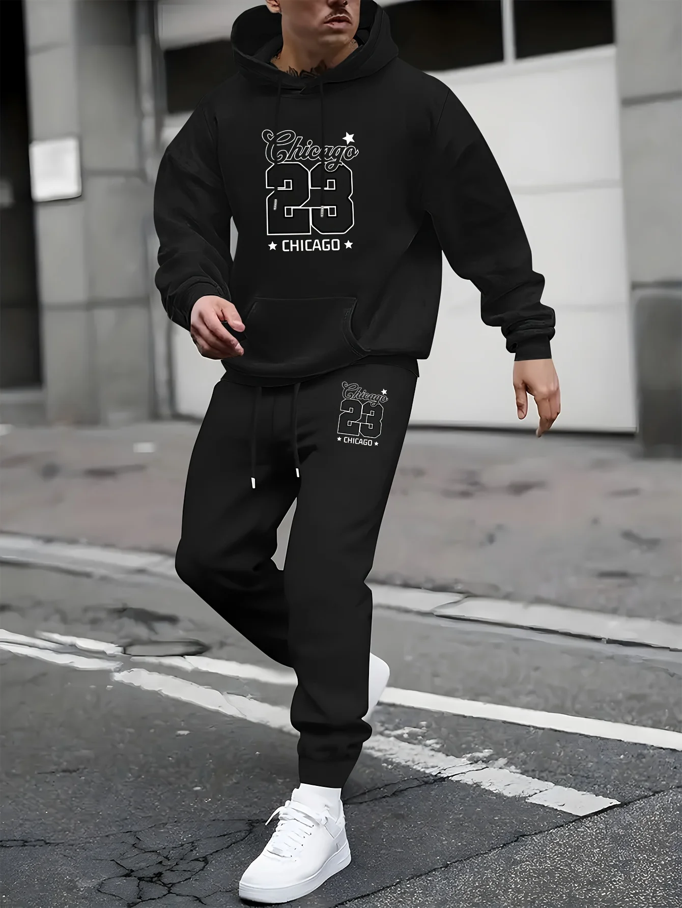 Men Chicago 23 Print Hoodie Sweatpants 2Pcs Set Casual Loose Pullover Hooded Sweatshirt Jogging Pants Hip Hop Street Tracksuit