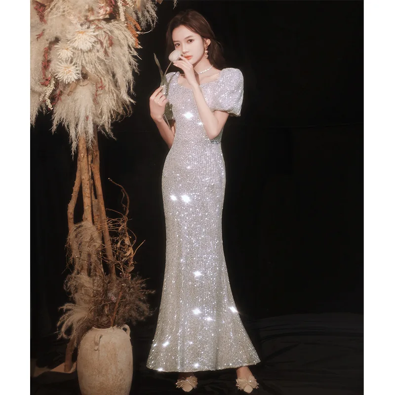 

Sequined Evening 2024 New Light Luxury Minority Elegant Lady Fishtail Host Piano Playing Dress for Women