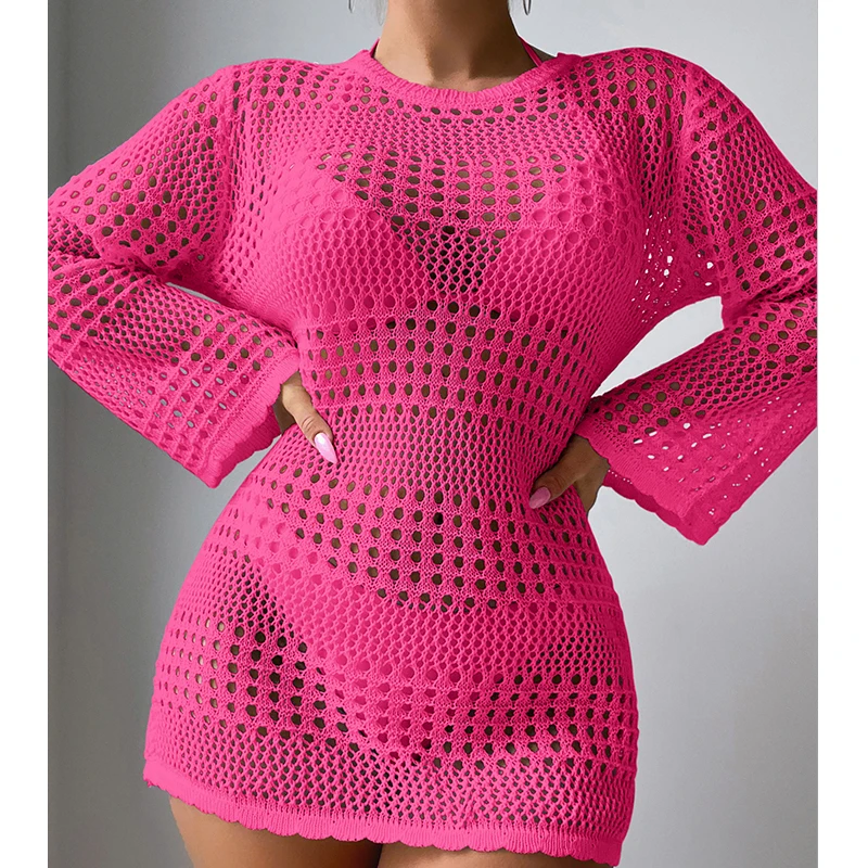 クルーネックドレス,長袖,ビーチウェア,カバーアップ,無地,春と夏