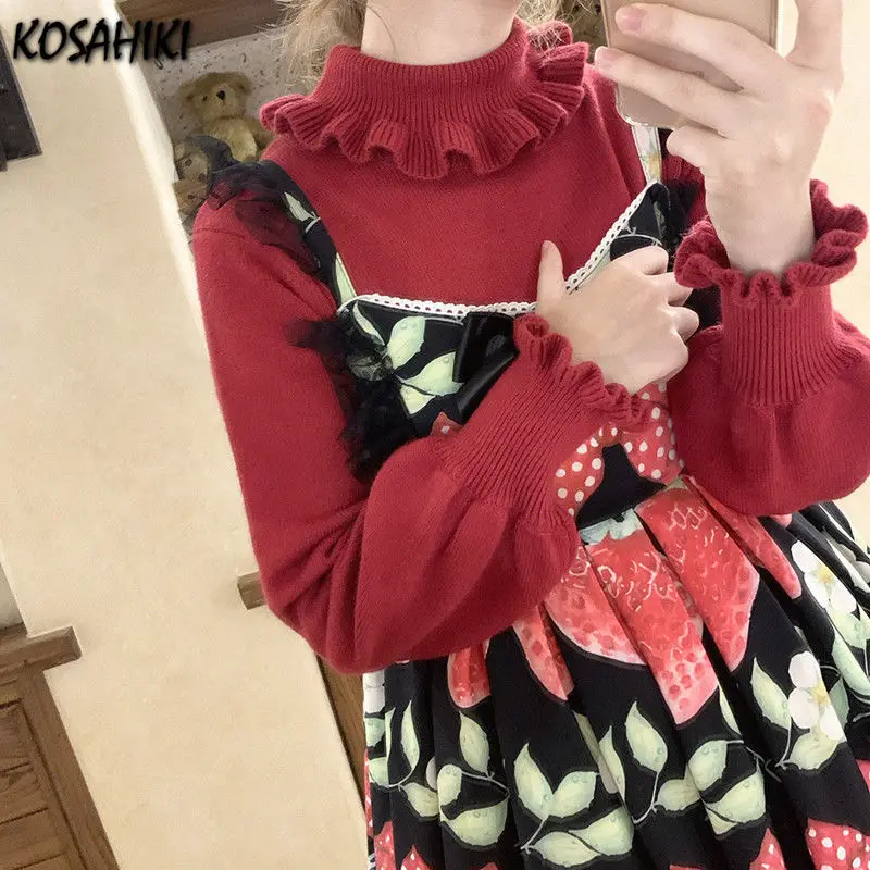 KOSAHIKI Basic Sweater Pullover Women Japan Korean Ruffle Turtleneck  Sweet Base Knit Tops Fashion Solid Y2k Cute Jumper