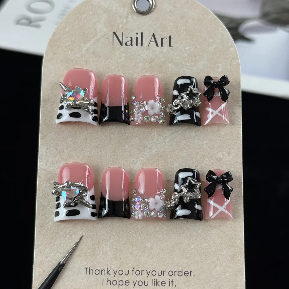10 piezas de uñas postizas hechas a mano de alta gama, estilo dulce y cool, con lazos tridimensionales pintados a mano, estrellas y diamantes brillantes 3
