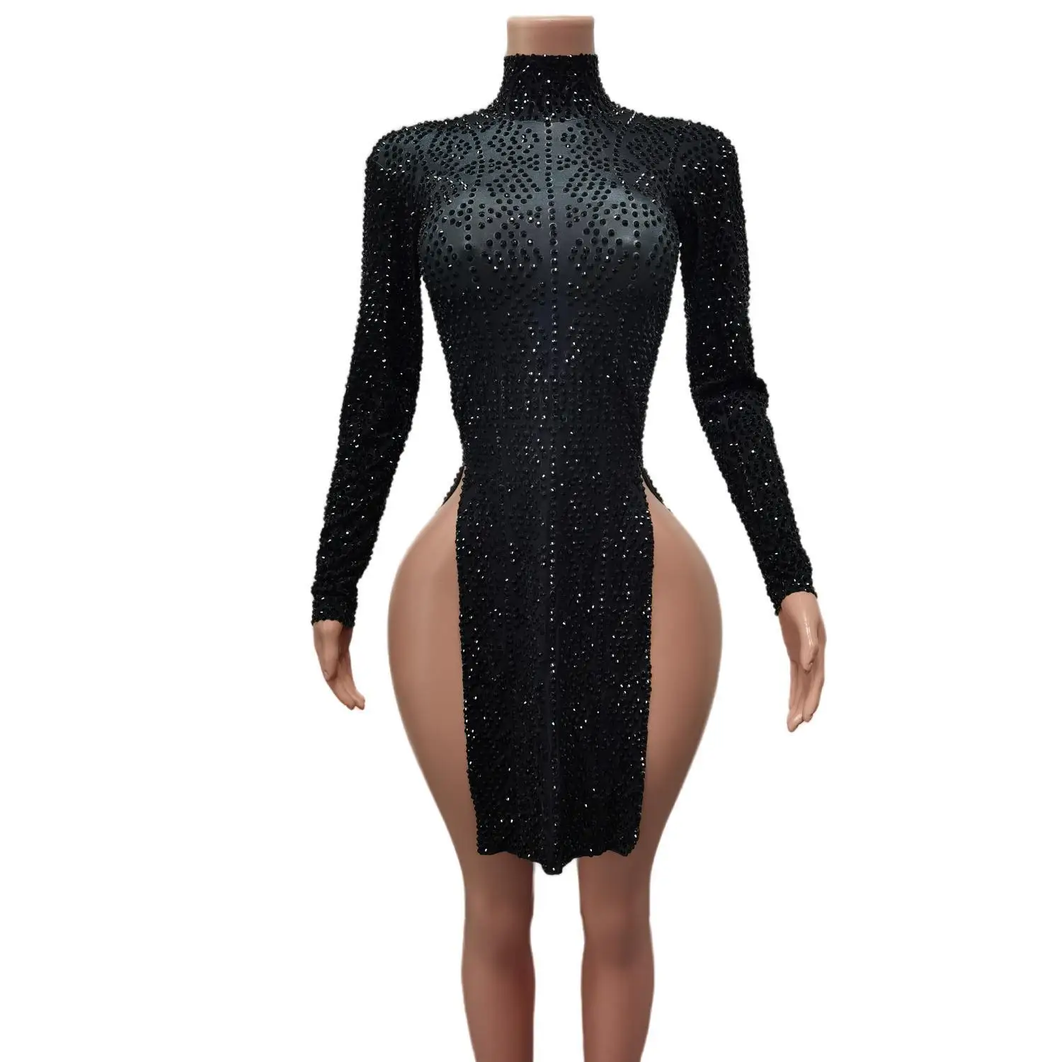 

Sexy Black Purple Bodycon Rhinestones Dress Lady High Slit Latin Dance Wear Stage Costume Fashion Women Party Prom Club Dress