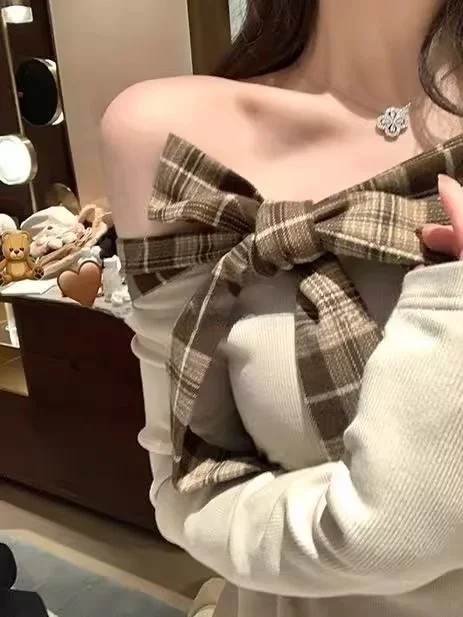 Sweet Spicy Checkered  Knot Long Sleeve T-Shirt Women's Slim Fit Inner Wear Spring Autumn New Style Trendy Top