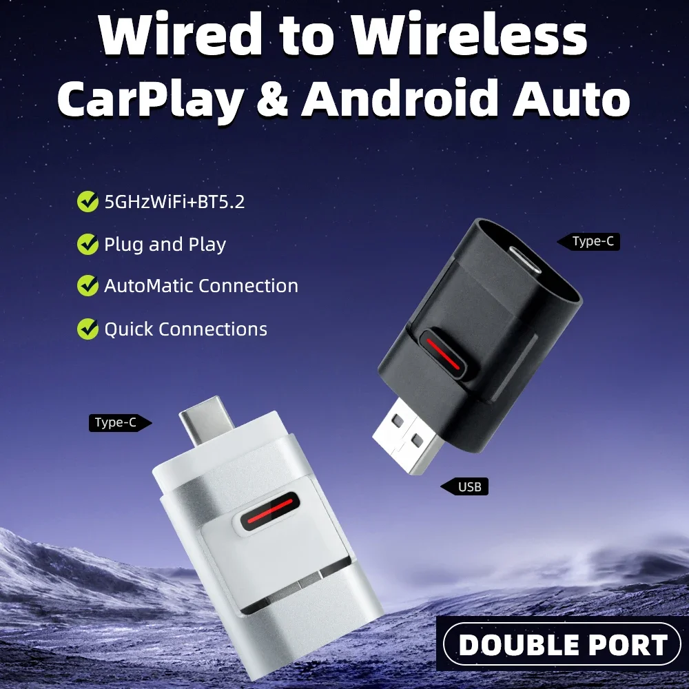 2025 2-in-1 Wireless CarPlay Adapter | Dual Port USB/Type-C | Faster Connection | BT 5.2 + 5GHz WiFi | Auto OTA Update