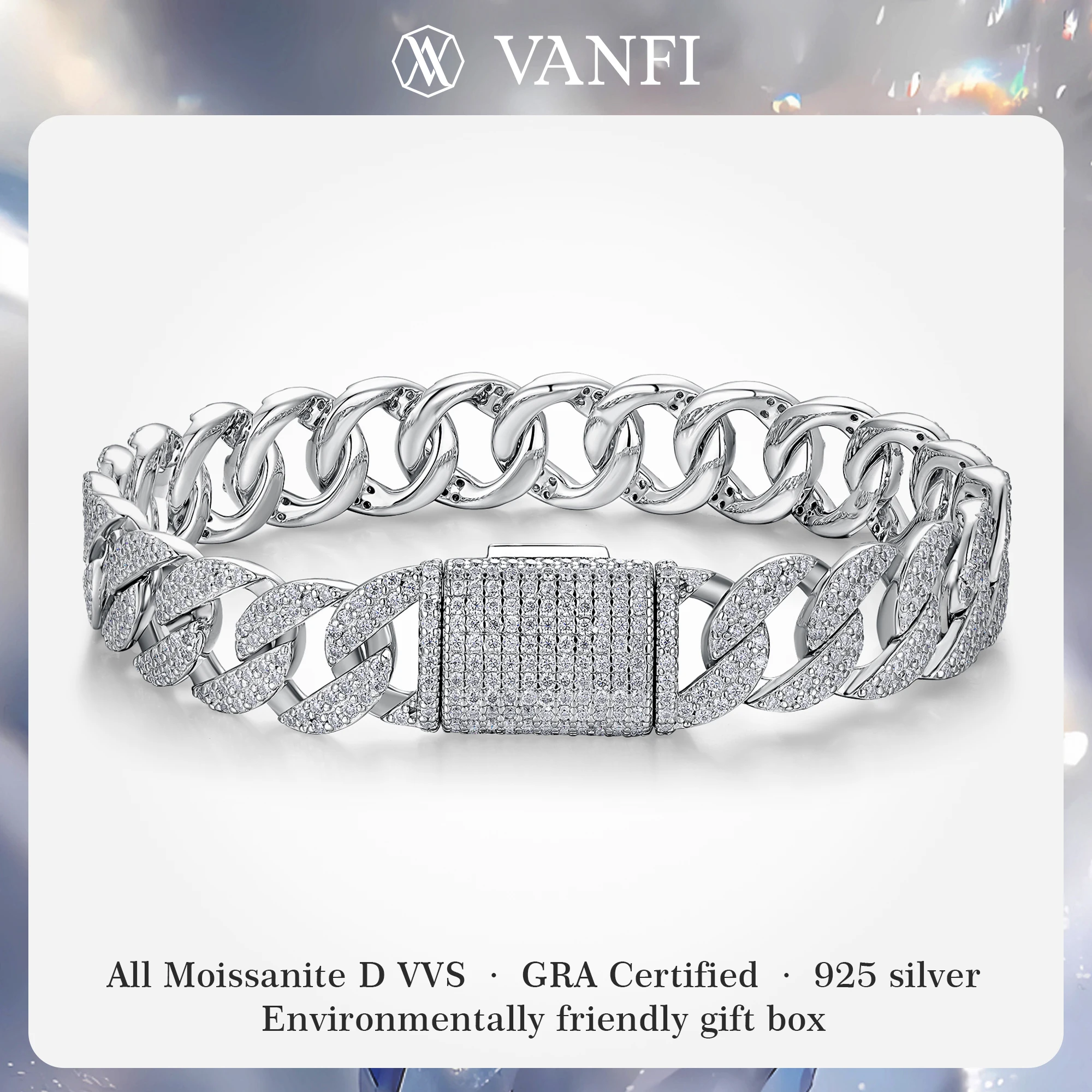 

Kvanfi s925 silver men's bracelet vintage design Cuban chain moissanite certified electroplated 18k white gold hip hop jewelry