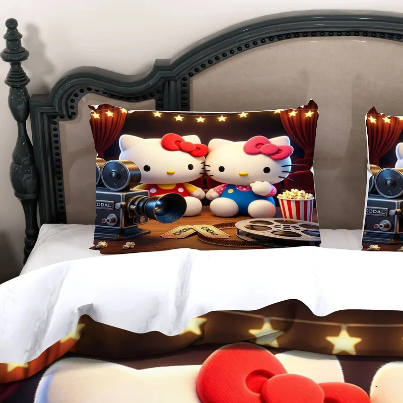 Vintage Movie Hello Kitty Duvet Cover Set Twin Kitty Popcorn Film Roll Bedding Set For Kids Home Decor