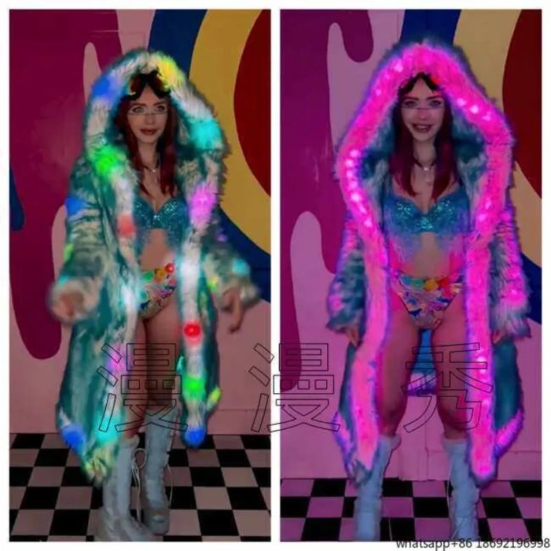 Music Festival Remote Control LED Luminous Long Jacket Colorful Marquee Changing Prom Costumes Babes Show