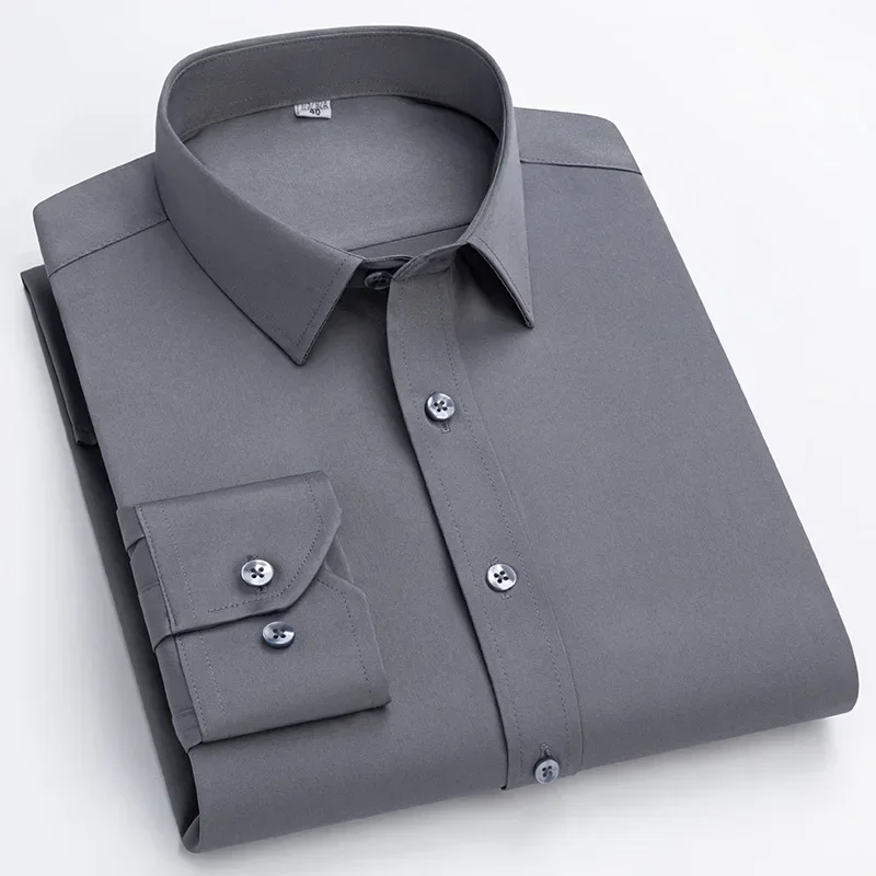New in shirt solid color long-sleeve slim fit formal plian shirt thin elastic office single pocket easy-care white black clothes