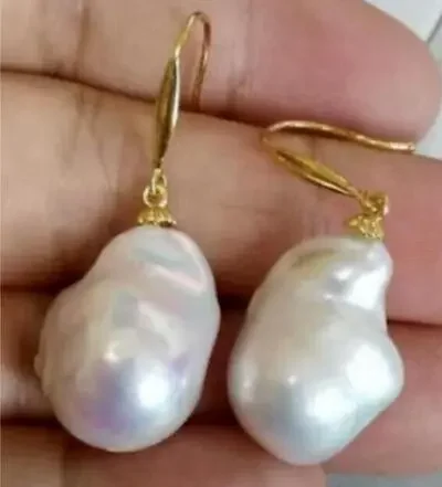 

noble jewelry Huge AAA 19x13mm South Sea White Baroque Pearl Earrings 14K YELLOW GOLD