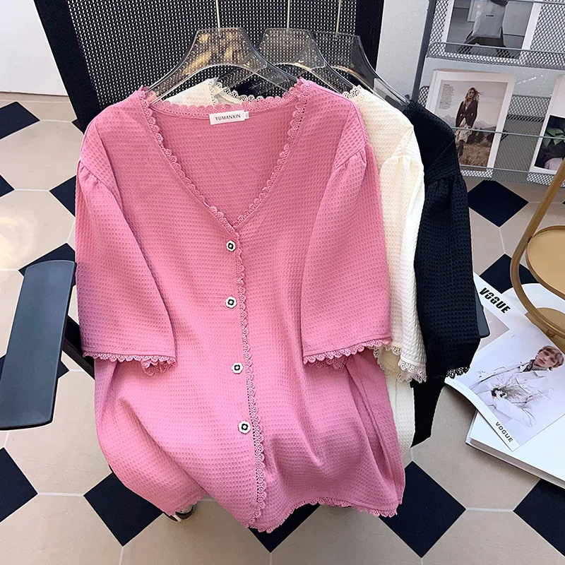 2023 women summer wear big size women clothing women Tops show thin 100/150kg Short Sleeve Cardigans T-shirt