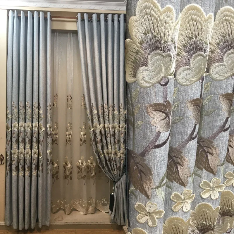 

Smoggy Blue Chenille Exquisite Embossed Embroidery Curtains for Living Dining Room Bedroom