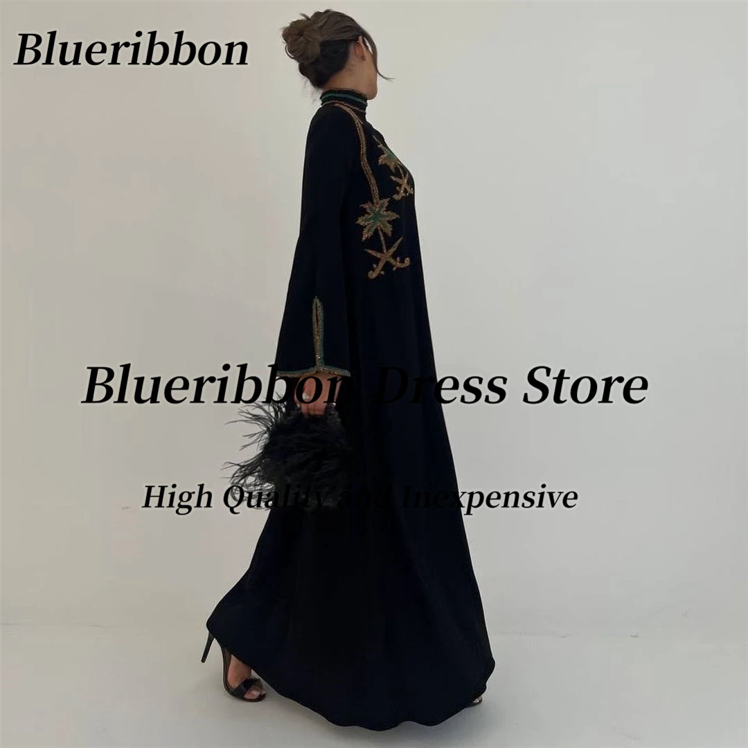 Blueribbon-Vestido de baile frisado gola alta feminino saudita, mangas compridas, vestidos de festa, preto, 2022