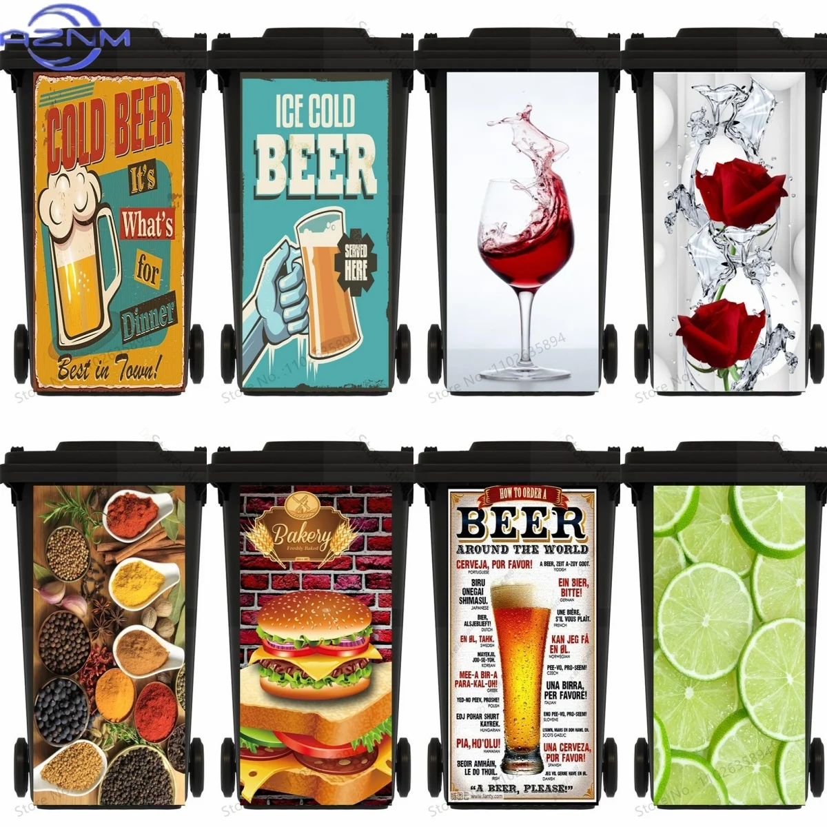 Fruits Food Outdoor Trash Can Sticker Waterproof Removable Beer Wine Flowers Mural DIY Trash Can Lid Decal Home Decor Sticker