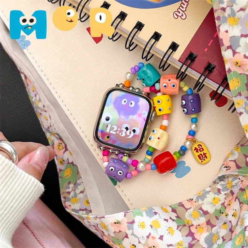 Lovely Cartoon Monster Bead Strap For Apple Watch 9 8 7 6 5 4 3 2 SE Ultra Cute Elastic Band For iWatch 41mm 49 45 42 40 38mm