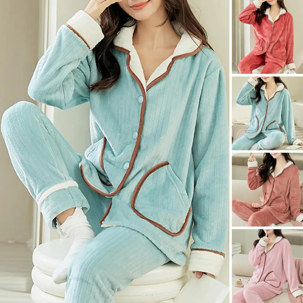 Winter Women Pajamas Set Velvet Warm Home Soft Loose Clothing Fashion Casual Long Sleeve Buttons Turn Down Collar Suit 2 Piece