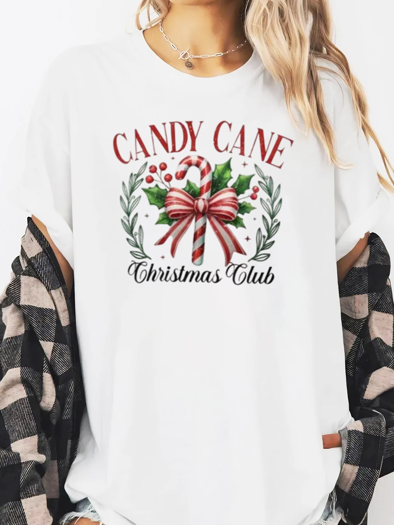كاندي قصب عيد الميلاد نادي طباعة عيد الميلاد كم طويل تي شيرت المرأة عطلة حفلة لباس غير رسمي أبيض حجم كبير