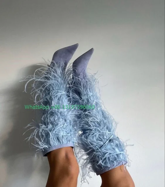 Lady Blue Fur Further Design Lace-up Boots Sexy Party Stiletto Heel Boots Fall Summer Knee Boots Daily Dress Shoes Footwear Size