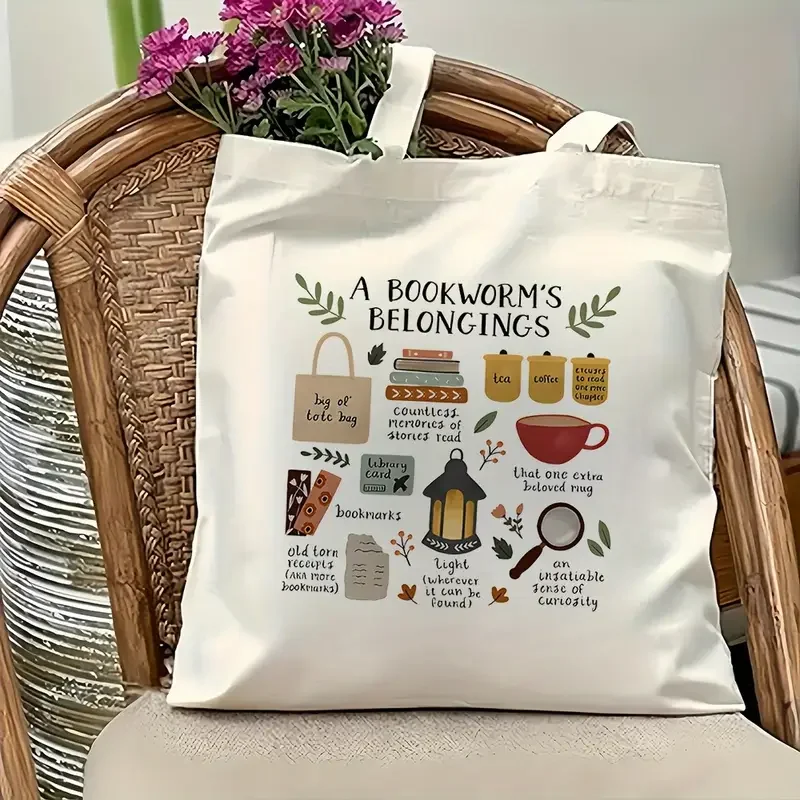 

1pc "A Bookworm'S Belongings" Canvas Tote Bag - Reading Illustrations Coffee Cup & Library Card Design, HandBag for Book Lovers,