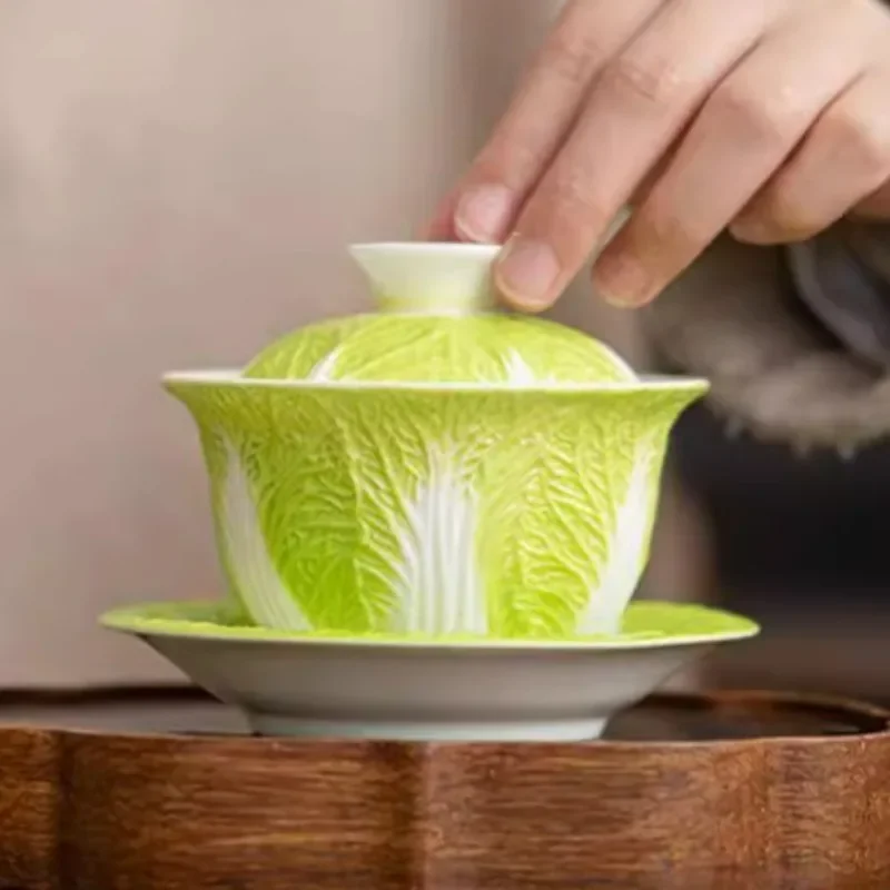 Mutton Fat Jade Porcelain Bai Cai Gaiwan White Ceramic Tea Set Creative Home Use Cabbage Design Kung Fu Brewing Cup with Lid