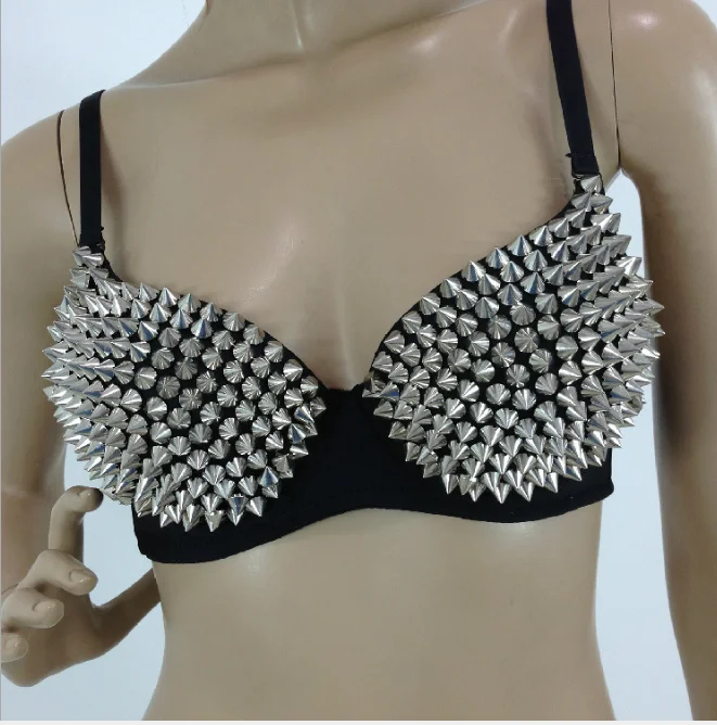 Sexy Bras Women Party New All-over Spike Rivet Metallic Punk Dance Push Up Bra Nightclub Costumes Bras Bralette Encaje