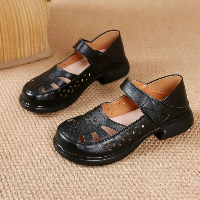 

2025 New Women's Hollow Breathable Leather Sandals Summer Gladiators Block Heel Mary Jane Mom Casual Shoes