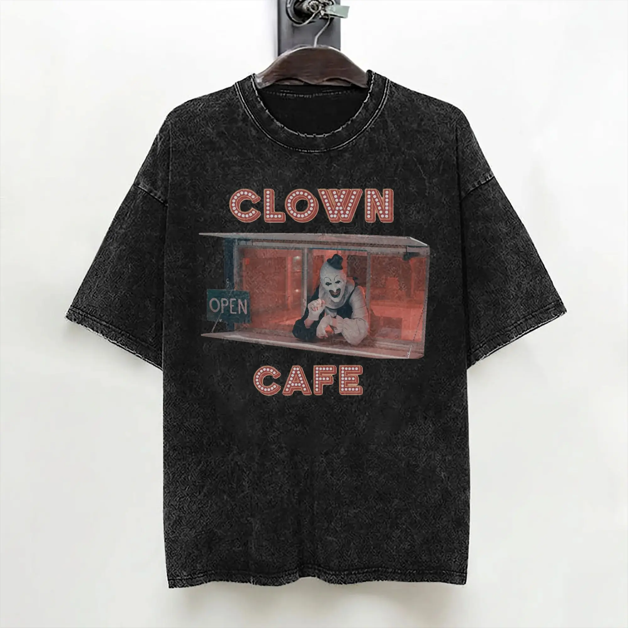 Terrifier Clown Cafe T Shirts Washed Cotton Oversize T-Shirt Horror Art Halloween Film for Men Women Streetwear Summer Tees
